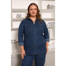 Taş Detaylı Büyük Beden Gömlek Lacivert