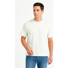 Justever 100% Pamuk Oversize Fit Bisiklet Yaka Ekru Erkek T-Shirt - Alpha