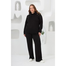 Çiçek Aplikeli Büyük Beden Kapüşonlu Eşofman Takımı Siyah