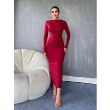 Yanı Büzgülü Uzun Skuba Elbise -Bordo