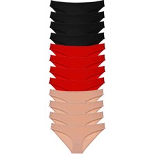12 Adet Süper Eko Set Likralı Kadın Slip Külot Siyah Kırmızı Ten
