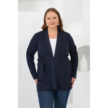 Belden Bağlamalı Örme Büyük Beden Hırka Lacivert