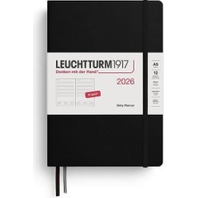 LEUCHTTURM1917 Orta Boy (A5) 12 Aylık Günlük Ajanda (Çizgili) 2026 Sert Kapak, Ingilizce, Siyah 372772
