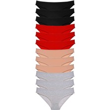 12 Adet Süper Eko Set Likralı Kadın Slip Külot Siyah Kırmızı Ten Gri