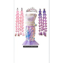 Deniz Kızı Kostüm Elbise Deniz Kızı Etek Deniz Kızı Bubble Saç (Mor-Pembe) Deniz Kızı Taç