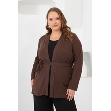 Belden Bağlamalı Örme Büyük Beden Hırka Kahverengi