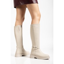 Tonny Black Kadın Bej Cilt Kalın Termo Taban Tokalı Fermuarlı Çizme