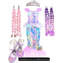 Deniz Kızı Kostüm Elbise Abiye Deniz Kızı Topuklu Ayakkabı Deniz Kızı Bubble Saç Deniz Kızı Taç Seti