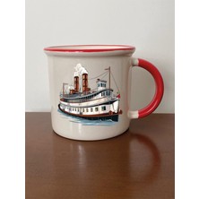 Gemi Temalı Kırmızı Ağızlı Kupa Bardak - Seramik Çay, Kahve Hediyelik Bardağı