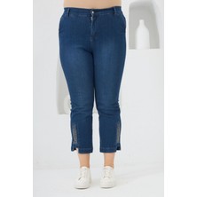 Büyük Beden Taş Detay Denim Kapri Lacivert