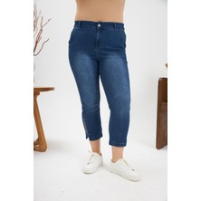 Büyük Beden Taş Detay Denim Kapri Kim. Mavi