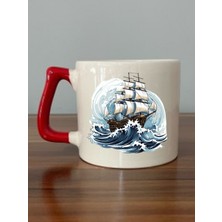 Dalgalı Gemi Baskılı Kırmızı Kulplu Kupa Bardak - Seramik Çay, Kahve Hediyelik Bardağı