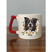 Çiçekli Köpek Temalı Kırmızı Kulplu Kupa Bardak - Seramik Çay, Kahve Hediyelik Bardağı