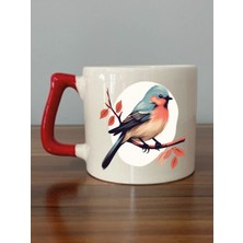 Kuş Temalı Kırmızı Kulplu Kupa Bardak - Seramik Çay, Kahve Hediyelik Bardağı