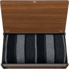 1001 Kravat Ahşap Hediye Kutusunda Gri Siyah Antrasit Çizgili Erkek Kışlık Atkı