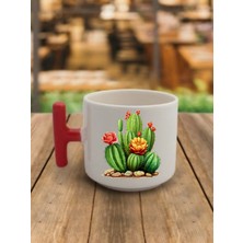 Kaktüs Baskılı Kırmızı Kulplu Kahve Bardağı Seramik Kupa - Seramik Çay, Kahve Hediyelik Bardağı