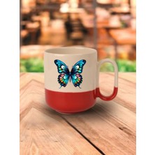 Kelebek Görselli Kırmızı Tabanlı Kupa Bardak - Seramik Çay, Kahve Hediyelik Bardağı