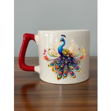 Tavus Kuşu Kırmızı Kulplu Kupa Bardak Seramik Kupa - Seramik Çay, Kahve Hediyelik Bardağı