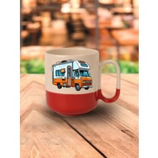 Karavan Görselli Kırmızı Tabanlı Kupa Bardak - Seramik Çay, Kahve Hediyelik Bardağı