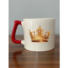 Kral Tacı Baskılı Kırmızı Kulplu Kupa Bardak - Seramik Çay, Kahve Hediyelik Bardağı