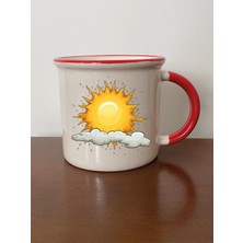 Güneş ve Bulut Temalı Kırmızı Ağızlı Kupa Bardak - Seramik Çay, Kahve Hediyelik Bardağı