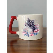 Çiçekli Kedi Temalı Kırmızı Kulplu Kupa Bardak - Seramik Çay, Kahve Hediyelik Bardağı