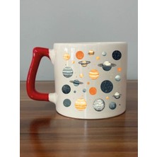 Gezegenler Temalı Kırmızı Kulplu Kupa Bardak - Seramik Çay, Kahve Hediyelik Bardağı