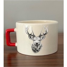 Geyik Baskılı Kırmızı Kulplu Fincan Seramik Kupa - Seramik Çay, Kahve Hediyelik Bardağı