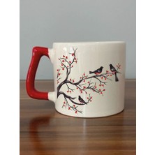Daldaki Kuşlar Temalı Kırmızı Kulplu Kupa Bardak - Seramik Çay, Kahve Hediyelik Bardağı