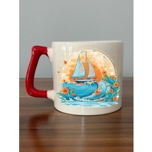 Denizde Sandal Kırmızı Kulplu Kupa Bardak - Seramik Çay, Kahve Hediyelik Bardağı