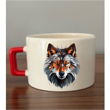 Modern Kurt Baskılı Kırmızı Kulplu Fincan Seramik Kupa - Seramik Çay, Kahve Hediyelik Bardağı