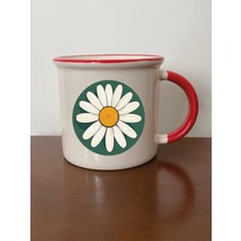 Yeşil Tabanlı Papatya Temalı Kırmızı Ağızlı Kupa Bardak - Seramik Çay, Kahve Hediyelik Bardağı