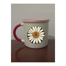 Papatya Baskılı Kırmızı Ağızlı Kupa Bardak - Seramik Çay, Kahve Hediyelik Bardağı