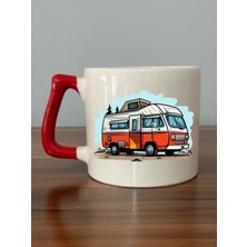 Karavan ve Tatil Temalı Kırmızı Kulplu Kupa Bardak - Seramik Çay, Kahve Hediyelik Bardağı