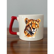 Kaplan Görselli Kırmızı Kulplu Kupa Bardak - Seramik Çay, Kahve Hediyelik Bardağı