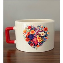 Kalp ve Çiçek Baskılı Kırmızı Kulplu Fincan Seramik Kupa - Seramik Çay, Kahve Hediyelik Bardağı