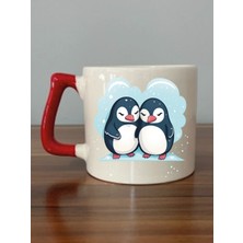 Sevimli Penguen Temalı Kırmızı Kulplu Kupa Bardak - Seramik Çay, Kahve Hediyelik Bardağı