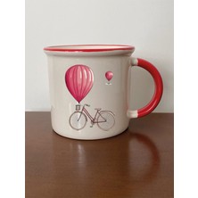 Bisiklet ve Balon Temalı Kırmızı Ağızlı Kupa Bardak - Seramik Çay, Kahve Hediyelik Bardağı