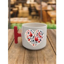 Kalp Içinde Çiçekli Kahve Bardağı Seramik Kupa Bardak - Seramik Çay, Kahve Hediyelik Bardağı