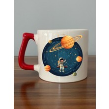 Satürn ve Gezegenler Kırmızı Kulplu Kupa Bardak - Seramik Çay, Kahve Hediyelik Bardağı