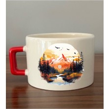 Doğa Baskılı Kırmızı Kulplu Fincan Seramik Kupa - Seramik Çay, Kahve Hediyelik Bardağı