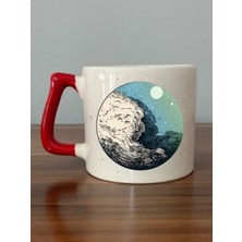 Ay ve Rüzgar Baskılı Kırmızı Kulplu Kupa Bardak - Seramik Çay, Kahve Hediyelik Bardağı