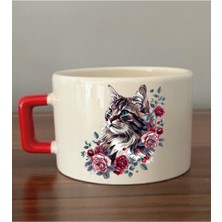 Çiçek ve Kedi Temalı Fincan Kupa Bardak - Seramik Çay, Kahve Hediyelik Bardağı