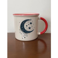 Aya Asılı Yıldızlar Temalı Kırmızı Ağızlı Kupa Bardak - Seramik Çay, Kahve Hediyelik Bardağı