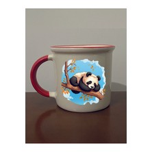 Ağaçta Panda Baskılı Kırmızı Ağızlı Kupa Bardak - Seramik Çay, Kahve Hediyelik Bardağı
