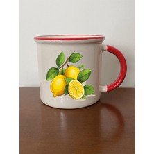 Limon Temalı Kırmızı Ağızlı Kupa Bardak - Seramik Çay, Kahve Hediyelik Bardağı