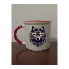 Siyah Kurt Baskılı Kırmızı Ağızlı Kupa Bardak - Seramik Çay, Kahve Hediyelik Bardağı