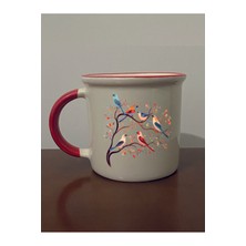 Dalda Kuş Baskılı Kırmızı Ağızlı Kupa Bardak - Seramik Çay, Kahve Hediyelik Bardağı