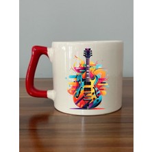 Gitar Görselli Kırmızı Kulplu Kupa Bardak - Seramik Çay, Kahve Hediyelik Bardağı