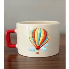 Balon Baskılı Kırmızı Kulplu Fincan Seramik Kupa - Seramik Çay, Kahve Hediyelik Bardağı